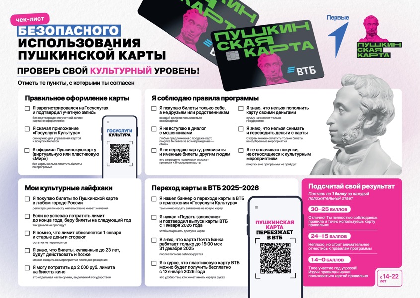 «Движение первых» подготовило памятку по безопасному использованию «ПУШКИНСКОЙ КАРТЫ»