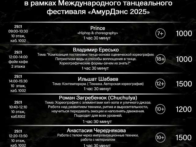 График мастер-классов от звездного жюри Международного танцевального фестиваля "АмурДэнс - 2025"